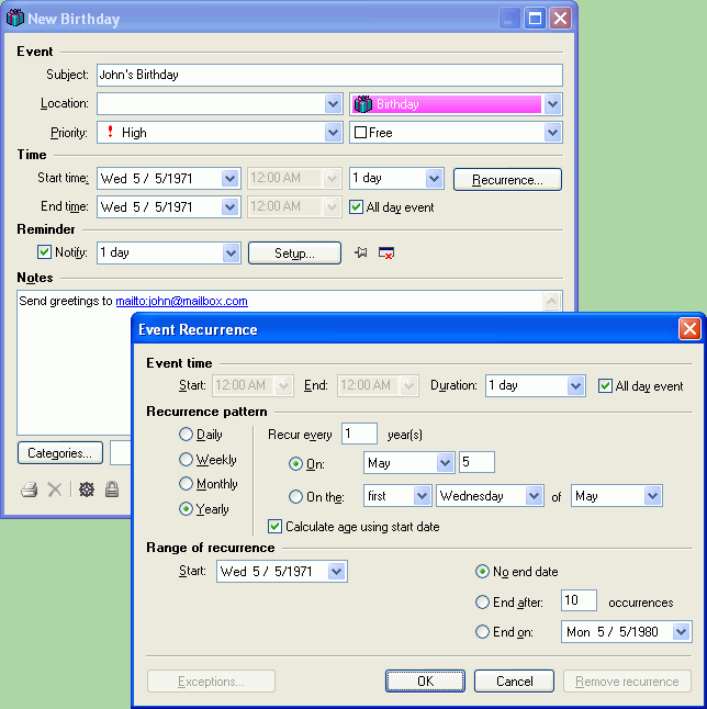 Edit event dialog box