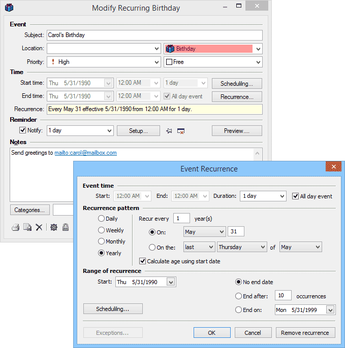 Edit event dialog box